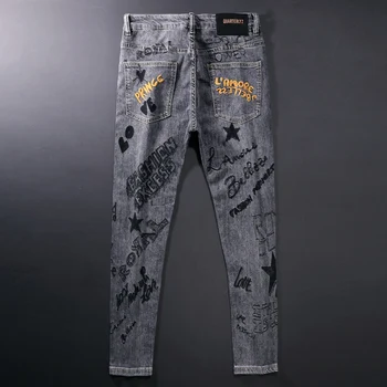 Ameriška Ulica Moda Za Moške Jeans Retro Sivo Elastična Slim Fit Natisnjeni Kavbojke Moški Vezenje Oblikovalec Hip Hop Denim Punk Hlače