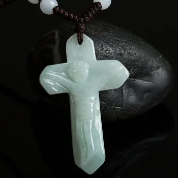 Naravni Jade Smaragdno Jezus Križ Sreča Kapljica Obesek Čar Nakit, Modni Dodatki, Ročno Izrezljano Človek, Ženska Amulet Darila
