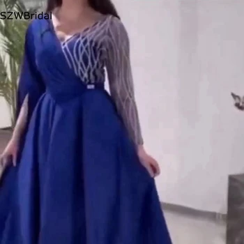Nov Prihod V Vratu Dolg rokav Večerne obleke Kratek Muslimansko obleko ženske Saten Kraljevsko Modra Poceni Večerno obleko obleka za Maturantski ples