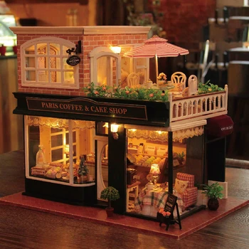 DIY Parizu Kava & slaščičarna Ročno izdelane Lesene Miniaturni Lutka Hiša s Svetlobo in Glasbeno Gibanje Lutke Valentinovo Darilo