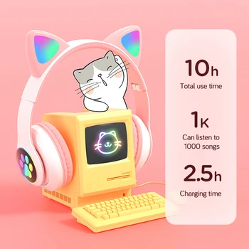 VAORLO Flash Svetlobe Luštna Mačka Ušesa Brezžične Slušalke Z Mikrofon Stereo Glasbe, Gaming LED RGB Bluetooth Slušalke Za Dekle, Otroci Darilo