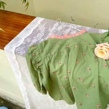Pomlad novega dojenčka dekleta vezenino bombažne bluze otrok ruffles svoboden priložnostne dolg rokav Vrhovi