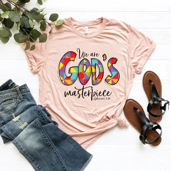 Mi smo Božja Mojstrovina Christian T-shirt Christian Darila za Ženske Pismo Verz Rokavi Ženske Grafični T Srajce Plus Velikost Vrhovi